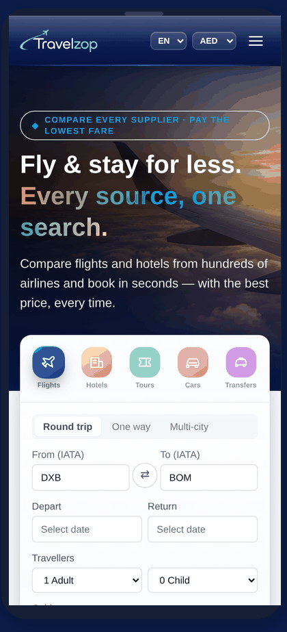 The Travelzop storefront on a phone, with the search collapsed to a single summary bar